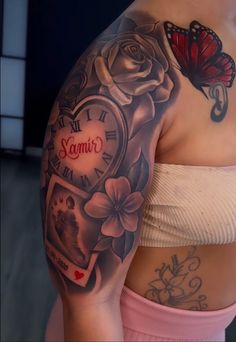 a woman with tattoos on her arm and chest is wearing a pink top that says samri