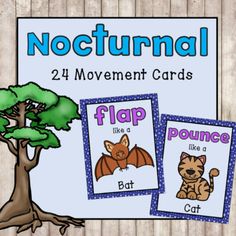 two posters with pictures of different animals and the words, nocturnal movement cards