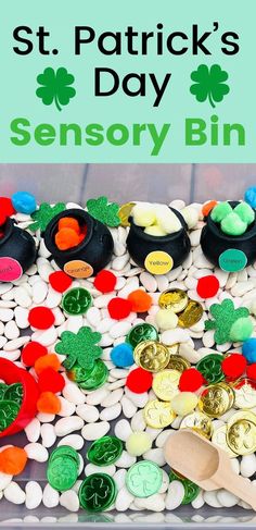 St. Patrick's Day Sensory Bin - pom pom color sorting St Patricks Theme, Pots Of Gold, April Activities, St Patricks Crafts, St Patricks Day Crafts For Kids, March Activities, St Patrick Day Activities, Toddler Sensory