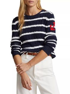 26+ Must-have Preppy Capsule Wardrobe Essentials For Your Daily Preppy Outfits - Rozaliee Sailing Clothes, Women Sailing, Cotton Jumper, Cable Knit Jumper, Weather Wear, Embroidered Sweater, Horizontal Stripes