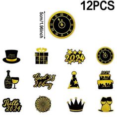 various stickers with different designs and numbers on the back of them, including a clock