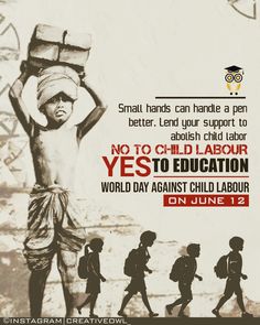 a poster with children carrying boxes on their heads and the words, no to child labor