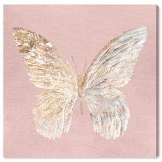 a white butterfly with gold wings on a pink background