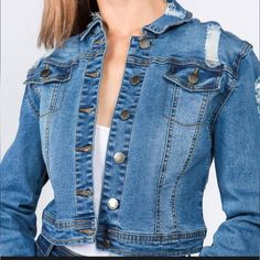 Cropped Denim Jacket Distressed & Frayed Long Sleeves Button Front Closure Length: Cropped, 19" Content: 97% Cotton, 3% Spandex American Denim, Distressed Denim Jacket, Cropped Denim Jacket, Cropped Denim, Jean Jackets, Denim Vest, Distressed Denim, Jean Coat, Jean Jacket