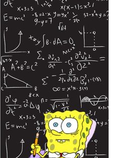 a cartoon character holding a pencil in front of a blackboard with some calculations on it