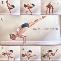 the woman is doing yoga poses on her stomach and knees, in several different positions