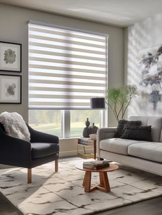 a living room with two couches and a coffee table in front of a window