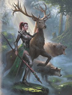 a woman dressed in armor standing next to a deer and holding a spear with two other animals nearby