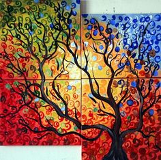 two paintings with different colors and designs on them, one has a tree in the middle