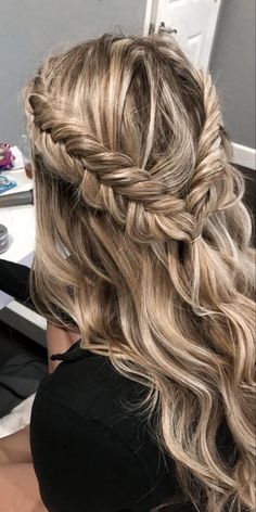 messy double dutch fishtail braids into half-up half-down Braid Wedding, Down Wedding Hairstyles, Half Up Half Down Wedding, Half Up Half Down Hair Prom, Prom Hair Down, Bridesmaid Hair Half Up, Homecoming Hairstyles Updos