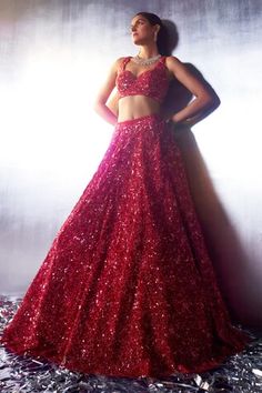 Red attached cancan lehenga with tonal sequin, crystal, glass bead, hand dyed pearl embroidery. Paired with sweetheart neck embroidered padded blouse. Comes with tear drop border embroidered dupatta and long veil. - Aza Fashions Red Floor-length Choli With Sequins, Red Sequined Floor-length Choli, Red Glamorous Festive Sets, Festive Red Glamorous Sets, Red Sequined Sharara For Wedding, Red Gown With Mirror Work For Party, Red Sequined Choli For Wedding, Red Sequined Wedding Choli, Red Sequined Wedding Set