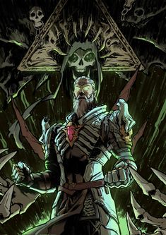 an image of a man with a beard in front of a pyramid and skulls on the ground