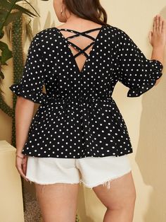 Black Boho  Short Sleeve Polyester Polka Dot Peplum  Non-Stretch Summer Maternity Polka Dot Puff Sleeve Top, Polka Dot Button-up Tops For Spring, Spring Polka Dot Button-up Tops, Polka Dot Button-up Spring Tops, Polka Dot Ruffled V-neck Top, Salwar Designs, Maternity Blouse, Summer Pregnancy