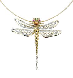 Dragonfly  Platinum and Yellow Gold, Diamond, Peridot, Pink Sapphire, Orange Sapphire Brooch by Diana Vincent Fluid Jewelry, Hand Carved Stone, Diamond Brooch, Orange Sapphire, Marquise Diamond, Stone Carving, Gold Platinum, Pink Sapphire, Round Diamond