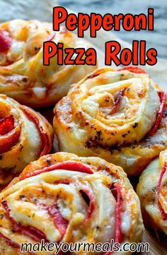 some pizza rolls sitting on top of a wooden cutting board with the words pepperoni pizza rolls