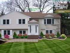 a house with landscaping in the front yard and before and after pictures on the side