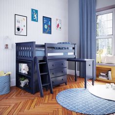 a child's bedroom with a bunk bed, desk and bookshelf in it