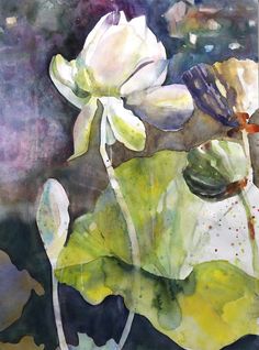 watercolor painting of white flowers and green leaves