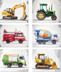 four different types of construction vehicles are shown