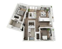 the floor plan for a two bedroom apartment with an attached kitchen and living room area