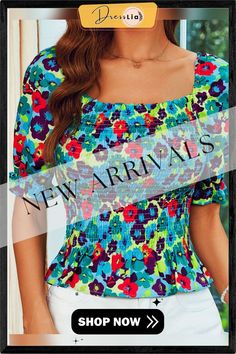 Women's Elegant Bodycon Blouses Top Summer Casual Print Square Neck Gathered Short Sleeve Floral Short Shirts Women Blouses Non-stretch Multicolor Floral Print Tops, Multicolor Floral Print Non-stretch Top, Non-stretch Multicolor Floral Print Blouse, Blouses 2022, Women Blouses, Shirts Women, Color Pick, Top Summer, Floral Short