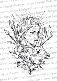 a drawing of a woman with deer horns and flowers