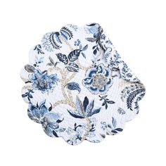 two blue and white floral coasters on a white background, one is made out of fabric