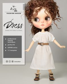 the doll is wearing a white dress and brown shoes with her hair blowing in the wind