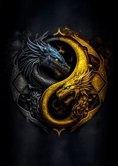 a dragon with green eyes sitting on top of a yellow and black yin - yang