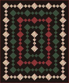 a black quilt with red, green and white squares on the border is featured in this image