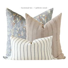 three pillows with different designs on them and the words, sectional set / pillow total