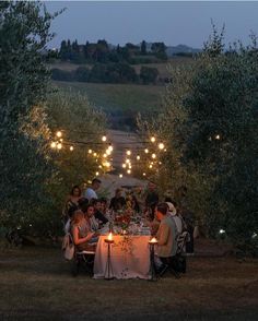 a group of people sitting around a dinner table with lights strung from the trees over them