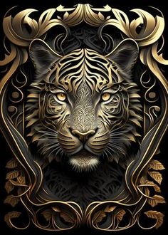 a tiger's face in gold and black art print