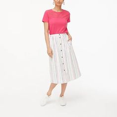 J.Crew Button Poplin Midi Skirt. Size Small. Brand New With Tags. Poplin Skirt, Smocked Skirt, Pink Pleated Skirt, Light Pink Shorts, Navy Blue Skirt, Grey Pencil Skirt, Skirt For Women, Stripe Skirt, Wool Skirts