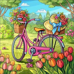 a painting of a pink bicycle with flowers in the basket