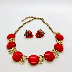 Vintage Retro Cherry Red Thermoset Necklace & Strawberry Earrings. Both Unsigned. Enameled Small Earrings Have Brand New Hypoallergenic Silver 925 Backings Added. 3474 Red Retro Metal Jewelry, Retro Red Metal Jewelry, Vintage Red Nickel-free Jewelry, Red Enamel Jewelry For Valentine's Day, Red Enamel Round Necklace, Red Enamel Necklace Nickel Free, Red Enamel Nickel-free Necklaces, Red Enamel Nickel-free Necklace, Red Costume Jewelry For Valentine's Day