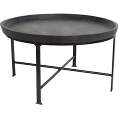 a round table with metal legs and a black tray