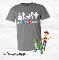 a t - shirt with the word squad next to an image of toy story characters