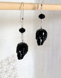 "Coolest Swarovski crystals EVER!!  Jet black faceted skulls accented with more Swarovski crystals, and sterling silver.  LOVE these earrings!  Skull beads measure 14x13x10mm.  Earrings measure aprx 2\" in length.  Custom requests are always welcome." Black Sterling Silver Skull Jewelry, Black Skull Sterling Silver Jewelry, Nickel Free Black Skull Earrings, Handmade Black Skull Earrings, Skull Beads, Witch Dress, Beaded Skull, Funky Jewelry, Skull Earrings