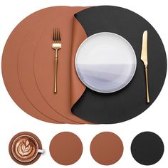 a table setting with plates, utensils and coffee