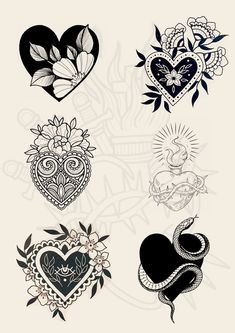 several heart tattoos are shown in black and white, with different designs on the back