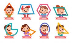 children's faces with different expressions and their name in the frame, cartoon style