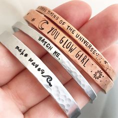 These hand stamped cuff bracelets are the standard bracelet size (6 inches) they are stamped and shaped by me! *THIS LISTING IS FOR ONE STAMPED CUFF* please leave a note to seller in the comment box at checkout with the message you would like stamped on it! | Packaging | GIFT MESSAGES (small card & envelopes) NOW AVAILABLE! -if you are sending a gift directly to a friend/loved one- leave me a message at checkout with the name of the person receiving the gift and the short note! All orders ar Washer Crafts, Metal Stamping Kit, Personalized Cuff Bracelets, Stamp Jewelry, Hand Stamped Cuff Bracelet, Jewelry Stamping, Personalised Bangle, Hand Stamped Metal, Handstamped Bracelet