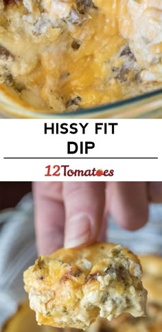 a hand holding up a cheesy dip in front of the camera and text overlay that reads, hisy fit dip