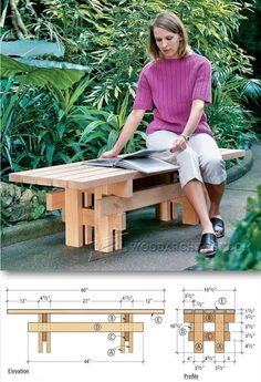 a woman is sitting at a table with plans for the top and bottom, in front of some plants