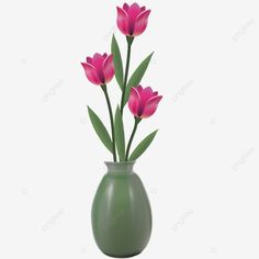 a green vase filled with pink flowers on top of a white background, transparent png and psd files