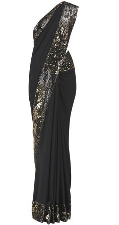 Black saree with black and gold sequins border by Pia Pauro    Shop at https://www.perniaspopupshop.com/whats-new/pia-pauro-3870 Farewell Sarees, Saree Ideas, Saree Designs Party Wear, Nehru Jacket, Black Saree, Casual Saree, Saree Models, Indian Couture, Wedding Saree