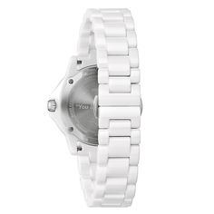 This lovely Series A women's watch from the Marine Star collection by Bulova showcases a white dial with diamond and stainless steel Roman numeral hour markers set in a 36mm stainless steel case. The dial includes a date window and is topped by a sapphire crystal. The white stainless steel bracelet secures with a push button deployment clasp. The women's watch features a quartz movement and is water-resistant to 100 meters. Timeless White Diamond Watch With Date Indicator, Classic White Diamond Watch With Date Display, Classic White Diamond Analog Watch, Luxury White Diamond Watch With Date Display, White Luxury Diamond Watch With Date Display, Classic White Diamond Watch With Metal Dial, White Diamond Watch With Date Display, White Diamond Watch With Date Display For Anniversary, White Watch Accessories With Date Indicator