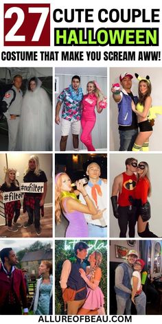 some people are dressed up in costumes and posing for pictures with the caption, 27 cute couple halloween costumes that make you scream aww