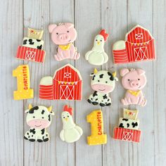 decorated cookies with farm animals and barn numbers